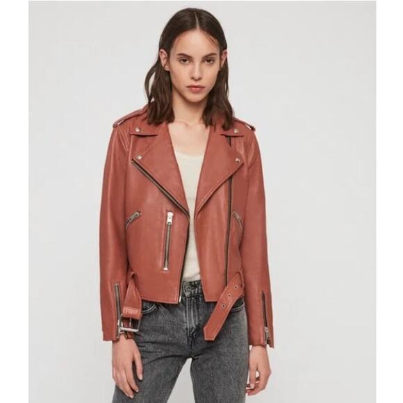 ALLSAINTS Balfern Leather Biker Jacket in Rose Wood Pink - Picture 1 of 13